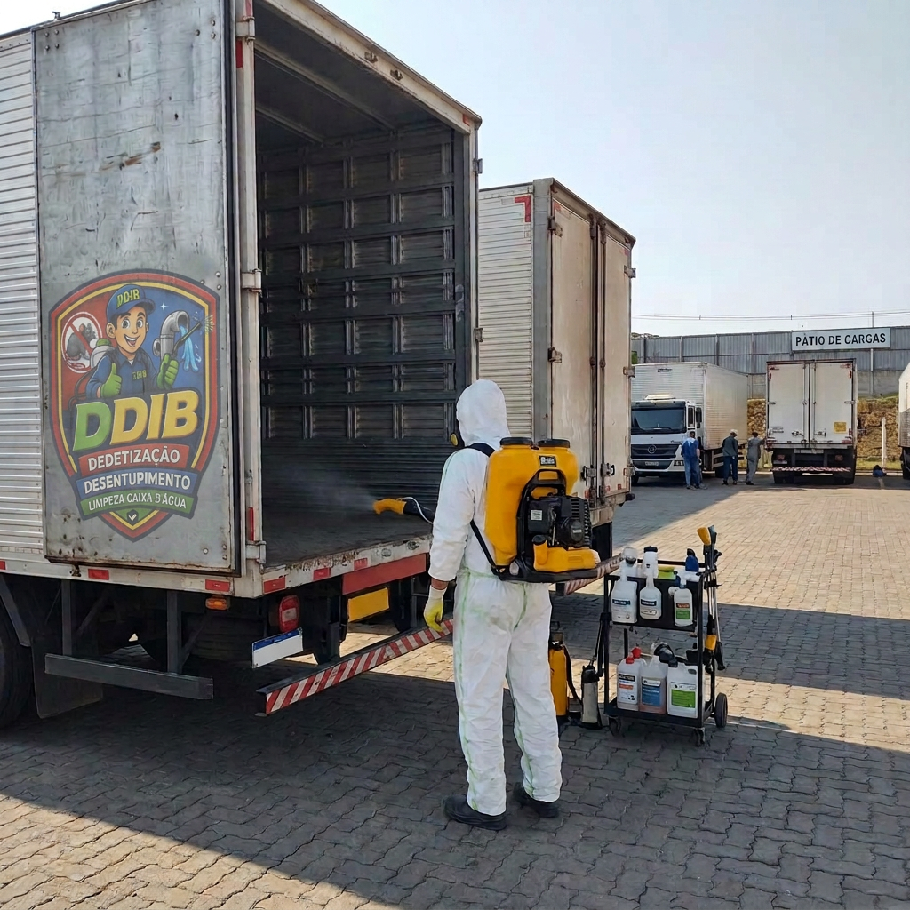 Técnico da DDIB Dedetizações aplicando dedetização em caminhão de frota com baú aberto em pátio de cargas